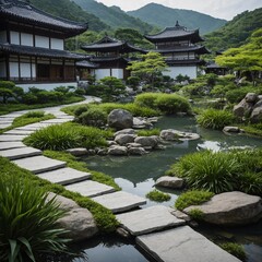 Fototapeta premium A peaceful Zen village with white stone paths, green gardens, and tranquil water features.