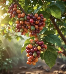 Colorful coffee beans on a branch of a coffee tree in sunlight , tropical, plant life, leafy greens