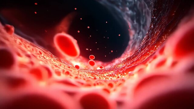 Forward motion through a human artery with floating red blood cells, representing circulation, cardiovascular health, and medical visualization in a microscopic perspective