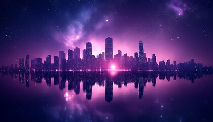 A futuristic cityscape reflecting a purple galaxy at night time