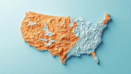 3D Relief Map of USA on Light Blue Background