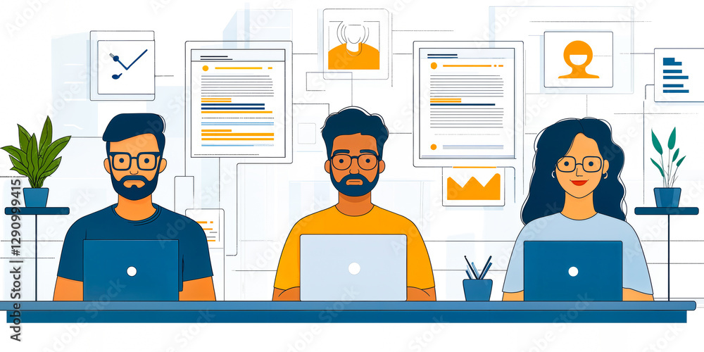 Poster modern hr technology team using ai for recruitment strategy and bias reduction in digital workspace