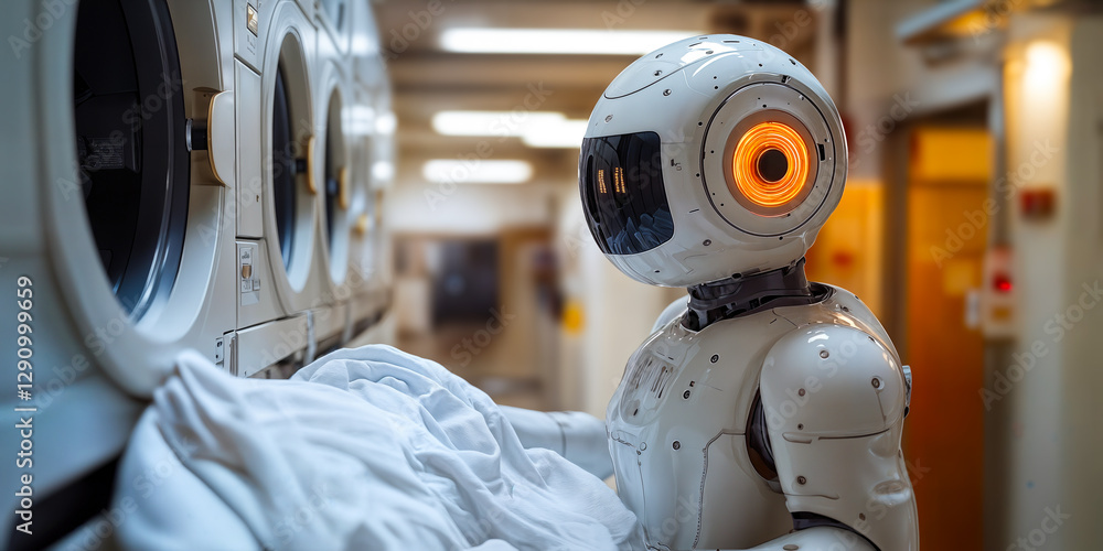 Poster ai-enhanced household robot performing laundry tasks demonstrating advanced autonomous functionality