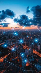 Obraz premium Connected Cityscape A Network of Connections Above an Illuminated Urban Skyline at Dusk.