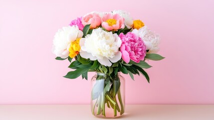 Fototapeta premium Minimalist vase with vibrant flowers against a soft pastel backdrop creates a serene atmosphere