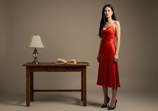 Elegant Portrait of a Woman in a Red Dress Standing by a Wooden Table with Lamp and Open Book in Minimalistic Interior