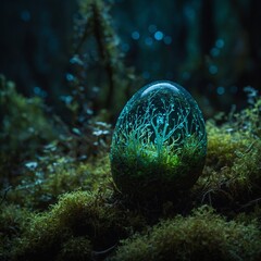 A fairy egg covered in delicate, bioluminescent moss. 