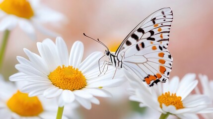 Fototapeta premium Butterfly gently lands on a daisy in a vibrant garden during springtime