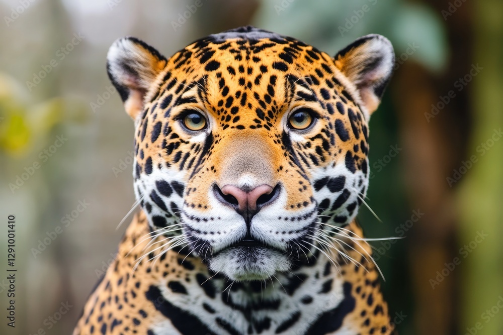Poster A close-up shot of a leopard's face with trees in the background, suitable for use in wildlife or nature-themed designs