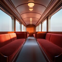 interior of a vintage train car with red seats.
