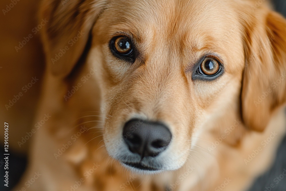 Poster a close-up view of a curious dog looking directly at the camera