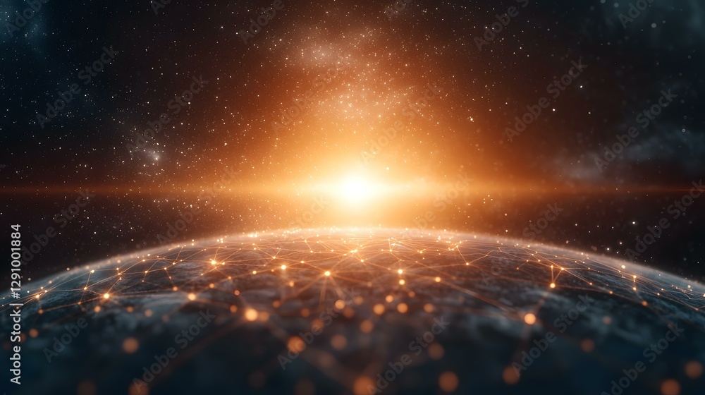 Poster the image shows a stylized depiction of planet earth, illuminated from above by a bright light sourc