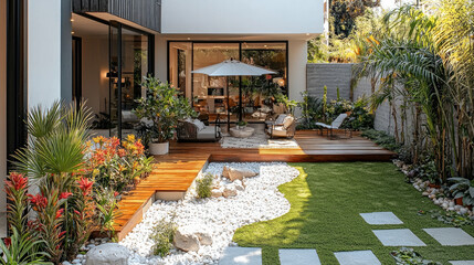 Fototapeta premium Modern house with garden featuring wooden deck, plants, and stones, creating serene outdoor space