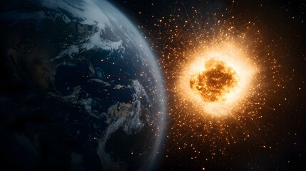 Fototapeta premium A fiery explosion erupts in space, its radiant energy arcing towards a partially visible Earth, creating a dramatic and visually striking scene of cosmic impact.
