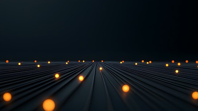 Many dark, parallel lines converge at a vanishing point, interspersed with glowing orange orbs.