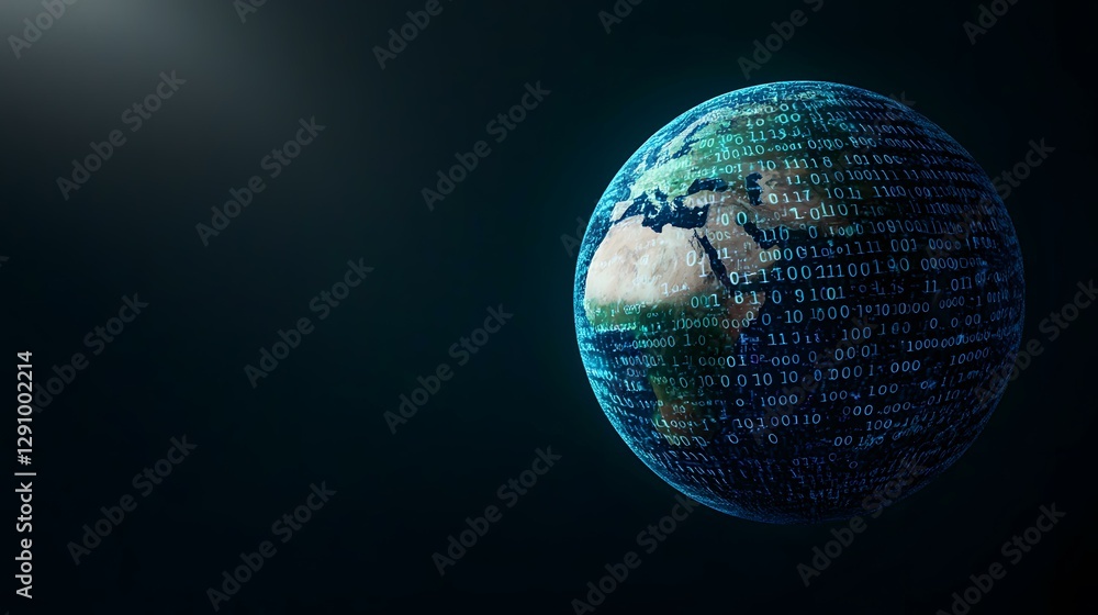 Aufkleber a digital globe, composed of binary code, floats against a dark background.