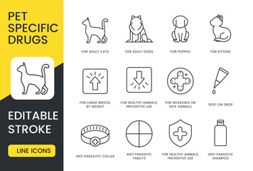 A set of pet specific drug icons in vector, designed for adult cats and dogs, large breeds by weight, healthy animals for preventive use, weakened or sick animals, with an editable stroke
