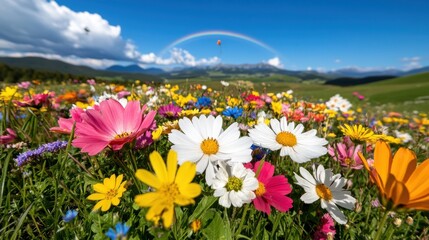 Obraz premium Close-up view of vibrant spring wildflowers under a clear sky with mountains in the background