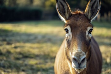 Obraz premium A close-up shot of a donkey grazing in a green field, with a sunny sky