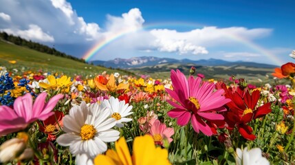 Obraz premium Close-up of vibrant spring wildflowers in a blooming meadow under a rainbow