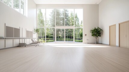 Sunny spacious room with large windows, garden view, light wood floor, relaxation area; ideal for real estate