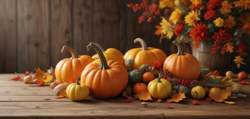 Cornucopia filled with pumpkins, squash, and fall leaves on a wooden table with a festive atmosphere, decoration, harvest time