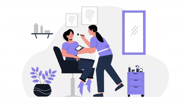 Flat vector scene animation depicting the beauty and cosmetics industry, with characters showcasing different beauty products, applying makeup, and participating in skincare routines.