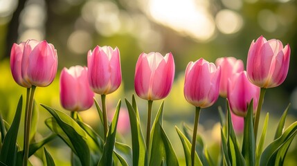 Obraz premium Pink Tulips in Bloom A Beautiful Display of Spring Flowers Bathed in Golden Sunlight