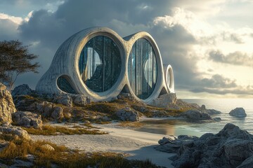 Futuristic coastal home on a secluded beach at sunrise