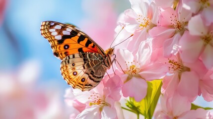 Obraz premium Delicate butterfly rests on soft pink cherry blossoms under a clear blue sky in springtime tranquility