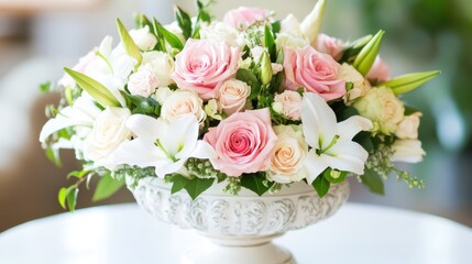 Beautiful floral arrangement in a vintage vase showcasing pink roses and white lilies