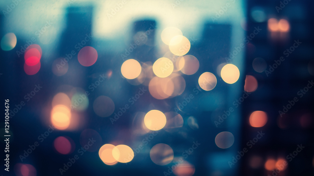 Poster bokeh effect in an office environment with sunlight filtering through windows, plants, and blurred b