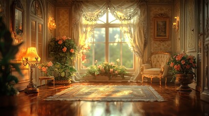 Sunlit Victorian Room Interior with Floral Arrangements