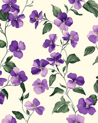 Elegant Purple Floral Pattern with Green Leaves, background - Generative AI