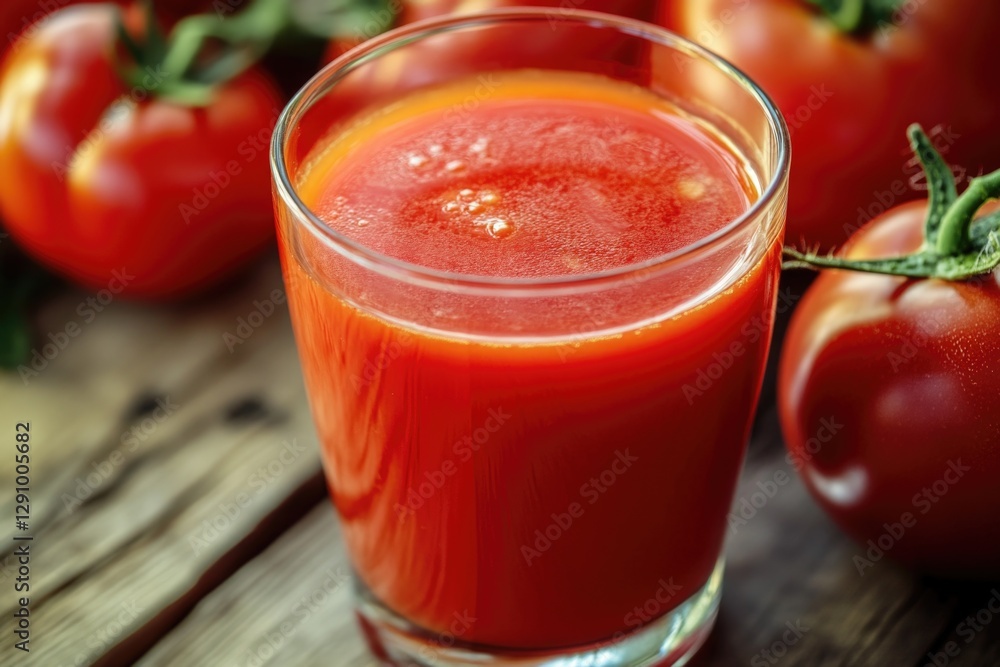 Poster a glass of tomato juice sits on a wooden table, a simple and rustic setting