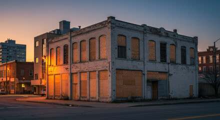 Vacant building with boarded up windows downtown district