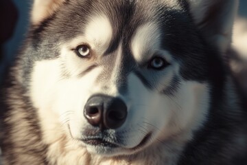 Close-up shot of a husky dog's face, with expressive eyes and nose