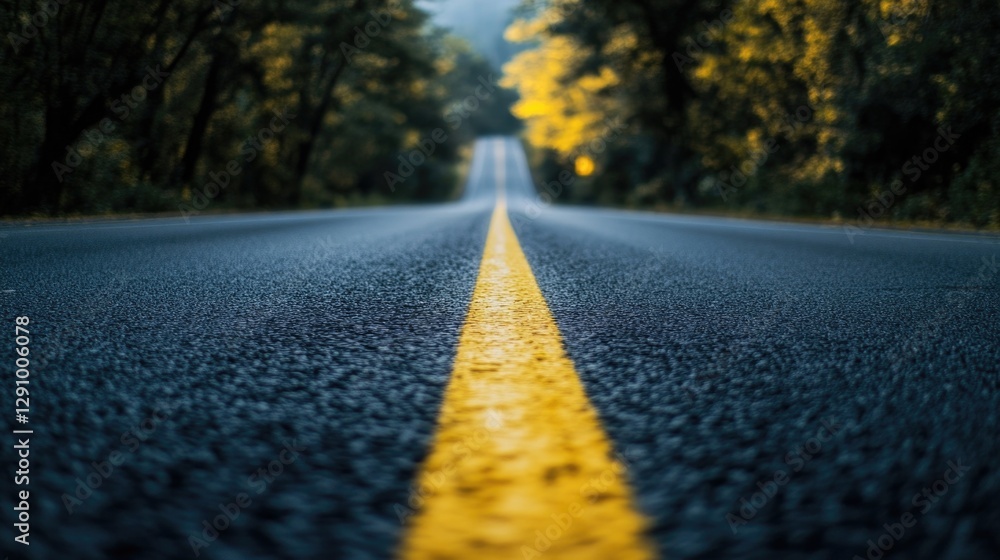 Poster a long stretch of road with a bright yellow center line, suitable for use in travel or infrastructur