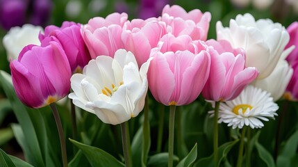 Fototapeta premium Dreamy wildflower meadow bursting with pastel tulips and daisies in spring sunlight
