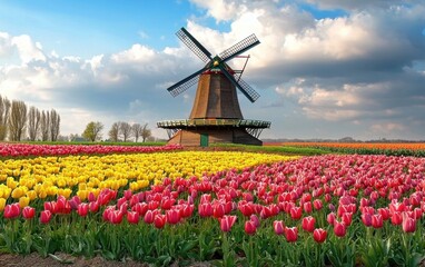 A charming wooden windmill surrounded by tulip fields
