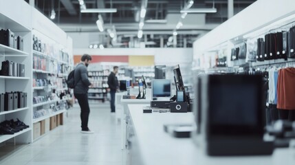 Obraz premium Thief alert at a tech store with staff noticing suspicious activity. Featuring immediate response and tech store protection