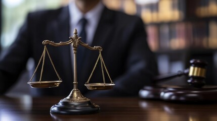 A businessman sits at a desk with a balance scale, symbolizing fairness and equity