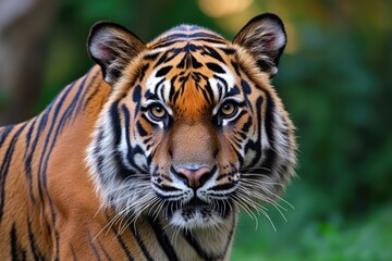 Fototapeta premium Close-up view of a tiger's face in natural habitat, suitable for use in wildlife or nature-themed designs