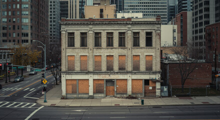 Vacant building with boarded up windows downtown district