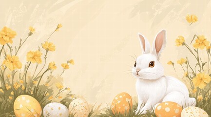 happy easter banner with rabbit and eggs, pastel green background. cute bunny, grass and colorful eggs on pastel background. background with podium for product presentation on Easter day