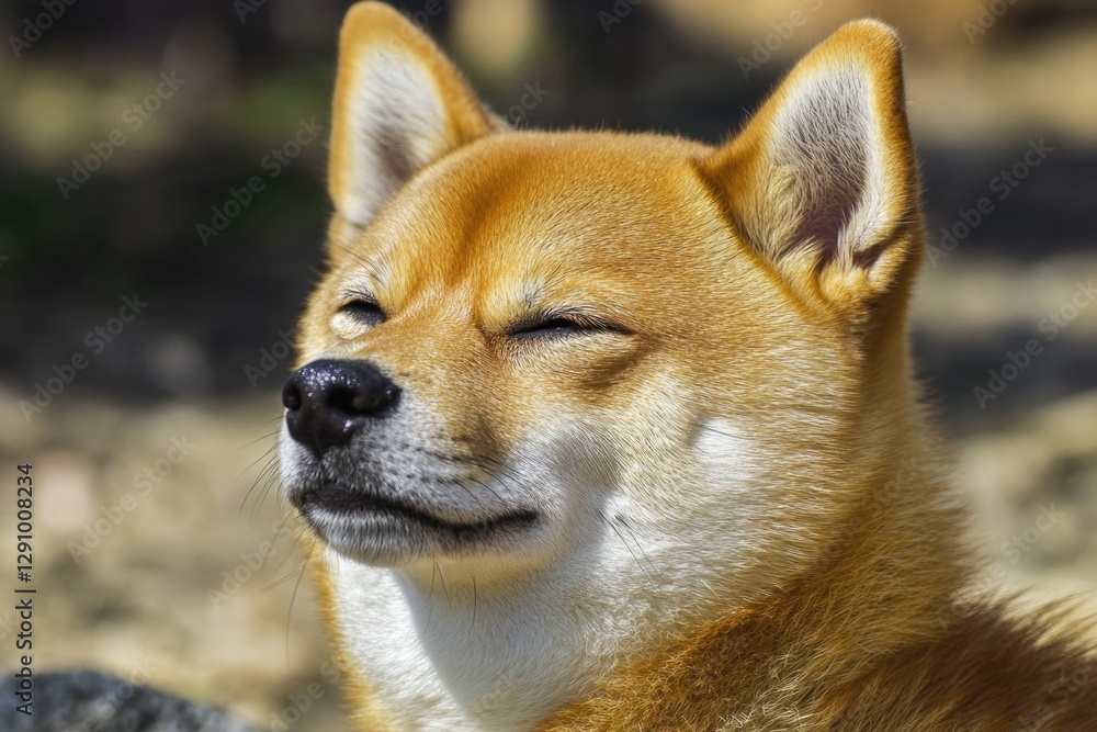 Poster a close-up shot of a dog relaxing with its eyes shut, suitable for use in animal-themed designs or a
