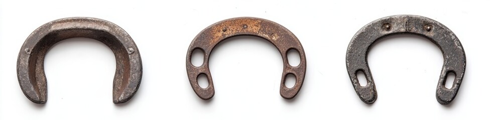 Three rusty, metal, horseshoe-shaped retaining rings on white background.