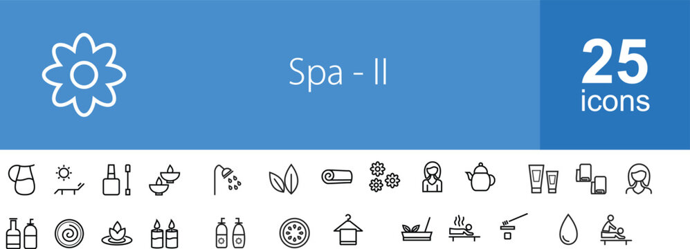 spa icon set 25 icons. Set of 30 outline icons related to massage, oil, others. Editable stroke. Vector illustration.