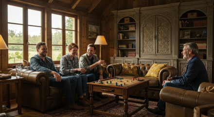 Warm ambiance of people playing board games in a cozy den