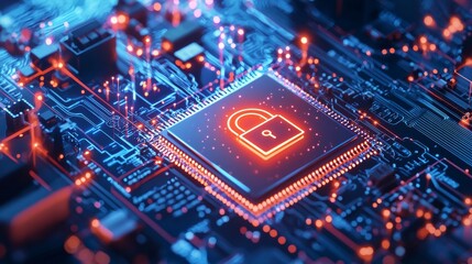 Fototapeta premium Secure Microchip Design with Digital Lock Symbol on Circuit Board